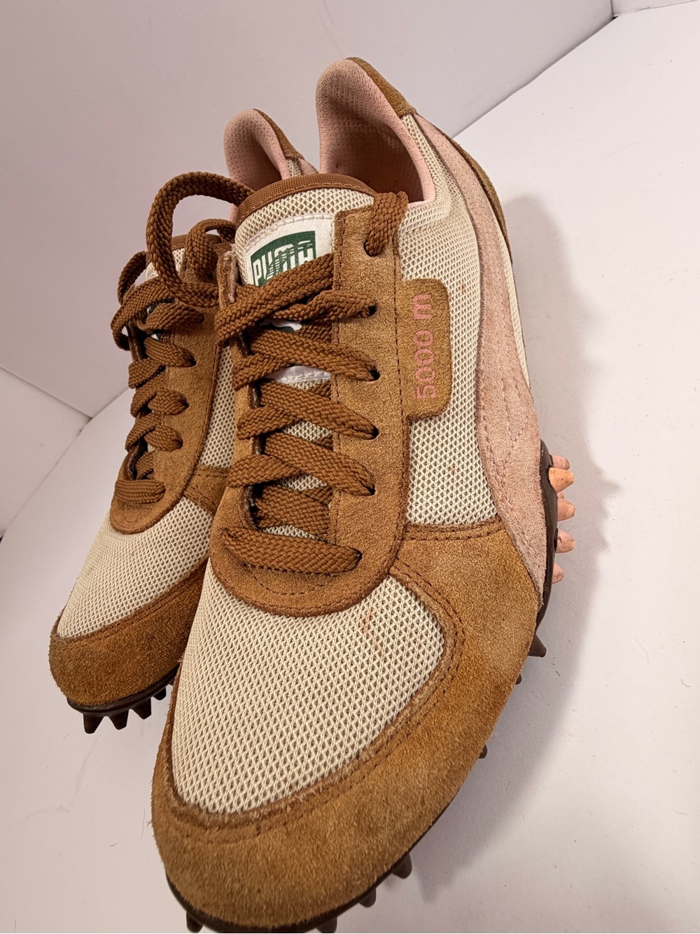 Puma Brown and Cream Retro Runner Sneakers with Pink Accents